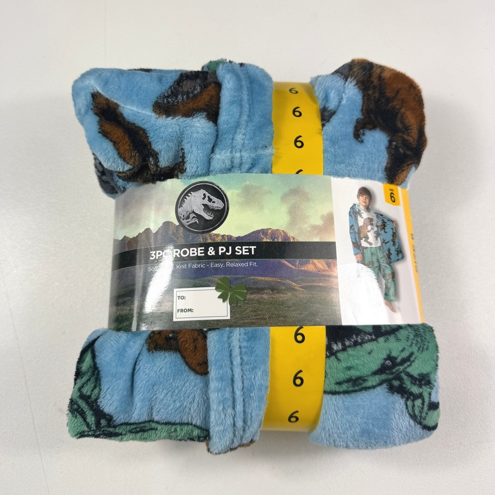 Jurassic World 3PC Robe and PJ Set Boys Size 6 Blue Brown Dinosaur NEW